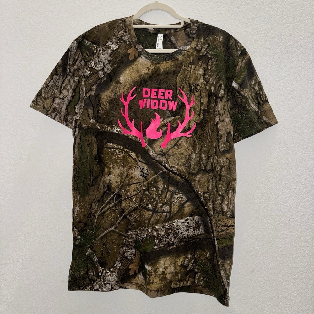 Deer Widow Camo Hunting T-Shirt Women's Realtree Style Pink Antlers Tee Sz S & L